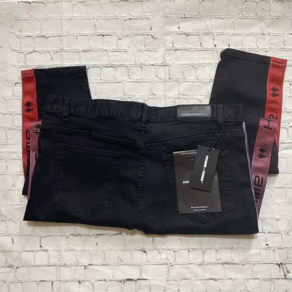 Homme + Femme Mens Jeans SZ 38 Black LA Streetwear Slim Fit Stretch Logo Stripes - Picture 3 of 6